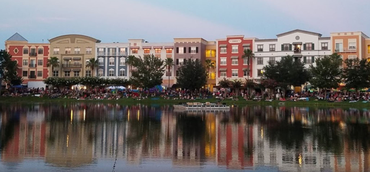 buildings by a lake